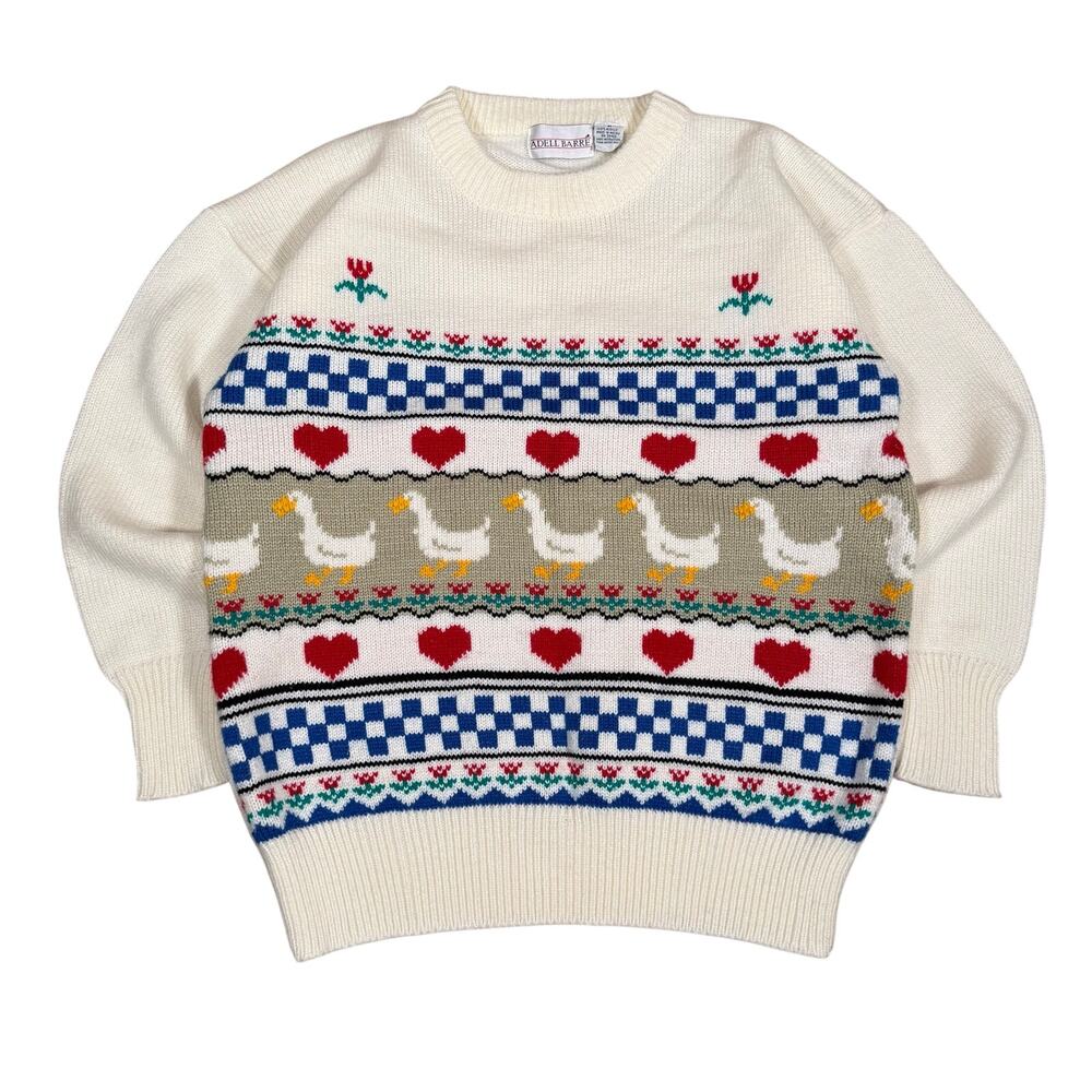 Vintage Knit Duck, Floral and Heart Pattern Fair Isle Sweater Medium